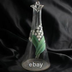 Antique Czech hand painted Lily of the Valley blown glass water pitcher jug