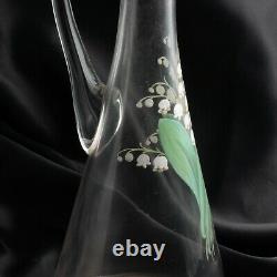 Antique Czech hand painted Lily of the Valley blown glass water pitcher jug