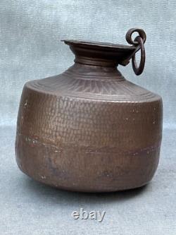 Antique Dimpled Copper Water Jug Double Ring Handle Vessel India Rounded Base