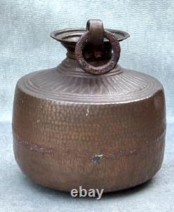 Antique Dimpled Copper Water Jug Double Ring Handle Vessel India Rounded Base