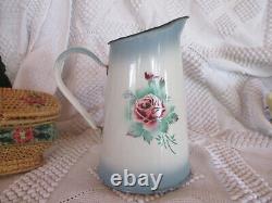 Antique French Enamelware JAPY Small Body Water PITCHER Jug Pink ROSE PANSY 1920