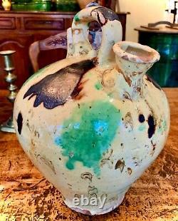 Antique French Glazed Art Provencal Pottery Gargoulette Vessel Jaspe