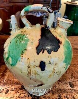 Antique French Glazed Art Provencal Pottery Gargoulette Vessel Jaspe