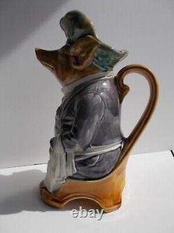 Antique French Hand Painted Ceramic Barbotine Pig Pitcher By Onnaing