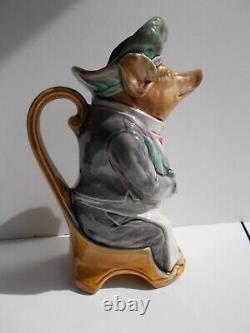 Antique French Hand Painted Ceramic Barbotine Pig Pitcher By Onnaing