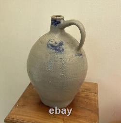 Antique French Salt Glaze Pitcher Alsace Water Blue Pottery Eartheware StoneWare