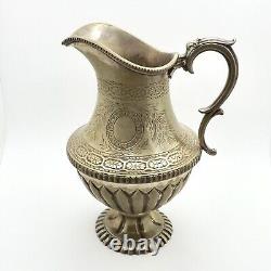 Antique Hand Etched Floral Water Jug Pitcher Silver Plate