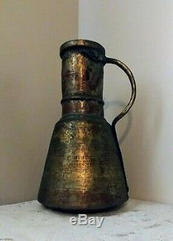 Antique Handmade Hammered Copper Brass Heavy Primitive Water Pitcher Jug 14'