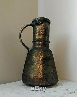 Antique Handmade Hammered Copper Brass Heavy Primitive Water Pitcher Jug 14'