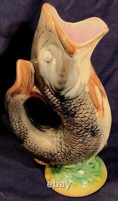 Antique Italian Majolica Gurgle Leaping Out Of Water Fish Jug Pitcher 10.5