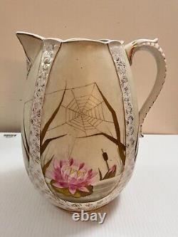 Antique Jug Pitcher And Bowl Wash Set Water Lily Spiderweb Ceramic Hand Painted