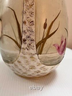 Antique Jug Pitcher And Bowl Wash Set Water Lily Spiderweb Ceramic Hand Painted