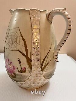 Antique Jug Pitcher And Bowl Wash Set Water Lily Spiderweb Ceramic Hand Painted
