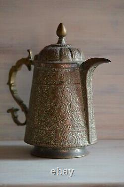 Antique Kashmiri copper & brass lidded water ewer, pitcher jug with foliate