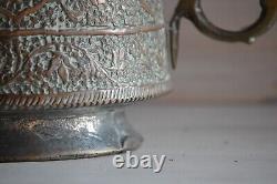 Antique Kashmiri copper & brass lidded water ewer, pitcher jug with foliate