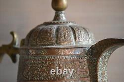 Antique Kashmiri copper & brass lidded water ewer, pitcher jug with foliate