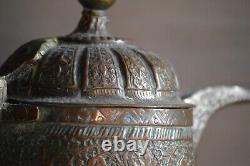 Antique Kashmiri copper & brass lidded water ewer, pitcher jug with foliate