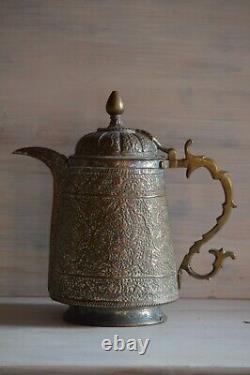 Antique Kashmiri copper & brass lidded water ewer, pitcher jug with foliate