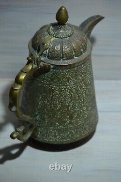 Antique Kashmiri copper & brass lidded water ewer, pitcher jug with foliate