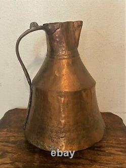 Antique Large French Primitive Hammered Copper Water Jug Pitcher 12.5