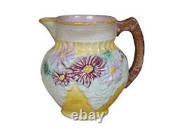 Antique Majolica Daisy Flowers & Lace Water Pitcher Jug Carafe 7