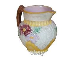 Antique Majolica Daisy Flowers & Lace Water Pitcher Jug Carafe 7