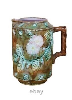 Antique Majolica French Barbotine Dog Rose Flower Blossom Water Pitcher Jug 10