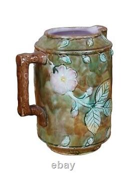 Antique Majolica French Barbotine Dog Rose Flower Blossom Water Pitcher Jug 10