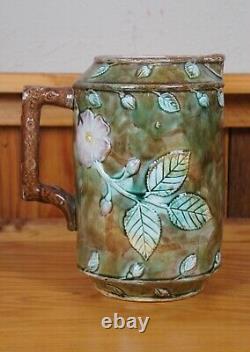 Antique Majolica French Barbotine Dog Rose Flower Blossom Water Pitcher Jug 10