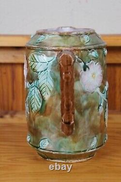 Antique Majolica French Barbotine Dog Rose Flower Blossom Water Pitcher Jug 10