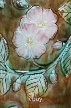 Antique Majolica French Barbotine Dog Rose Flower Blossom Water Pitcher Jug 10