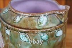 Antique Majolica French Barbotine Dog Rose Flower Blossom Water Pitcher Jug 10