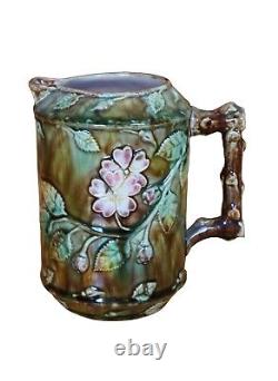 Antique Majolica French Barbotine Dog Rose Flower Blossom Water Pitcher Jug 6