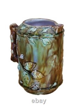 Antique Majolica French Barbotine Dog Rose Flower Blossom Water Pitcher Jug 6
