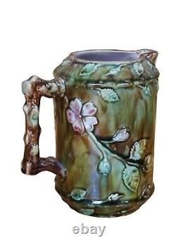 Antique Majolica French Barbotine Dog Rose Flower Blossom Water Pitcher Jug 6
