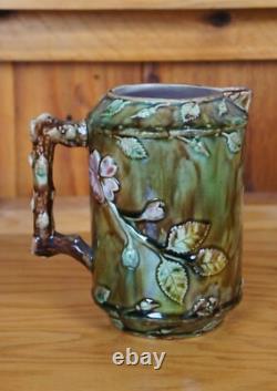 Antique Majolica French Barbotine Dog Rose Flower Blossom Water Pitcher Jug 6