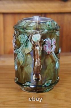 Antique Majolica French Barbotine Dog Rose Flower Blossom Water Pitcher Jug 6