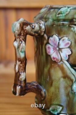 Antique Majolica French Barbotine Dog Rose Flower Blossom Water Pitcher Jug 6
