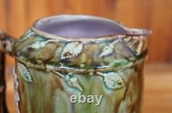 Antique Majolica French Barbotine Dog Rose Flower Blossom Water Pitcher Jug 6