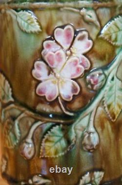 Antique Majolica French Barbotine Dog Rose Flower Blossom Water Pitcher Jug 6