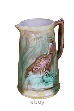 Antique Majolica Heron Crane Stork Bird Water Lily Creamer Pitcher Jug 7