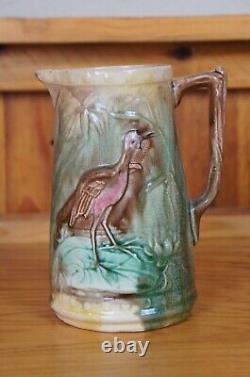 Antique Majolica Heron Crane Stork Bird Water Lily Creamer Pitcher Jug 7