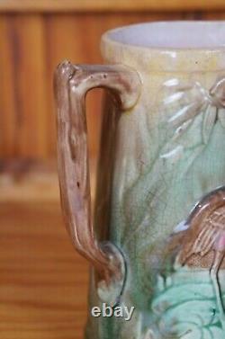 Antique Majolica Heron Crane Stork Bird Water Lily Creamer Pitcher Jug 7