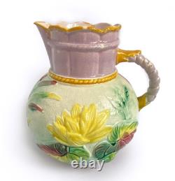 Antique Majolica Water Lily Pitcher Jug Pond Lilies Pink Yellow Flowers 1800s