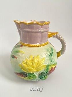 Antique Majolica Water Lily Pitcher Jug Pond Lilies Pink Yellow Flowers 1800s