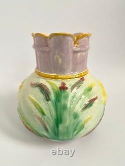 Antique Majolica Water Lily Pitcher Jug Pond Lilies Pink Yellow Flowers 1800s