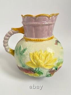 Antique Majolica Water Lily Pitcher Jug Pond Lilies Pink Yellow Flowers 1800s