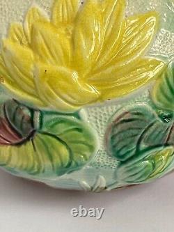 Antique Majolica Water Lily Pitcher Jug Pond Lilies Pink Yellow Flowers 1800s