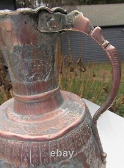 Antique Middle East Copper Engraved Large Water Jug Ewer