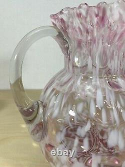 Antique Northwood Coin Dot Inverted Pink & White Ball Jug Pitcher & 6 Tumblers